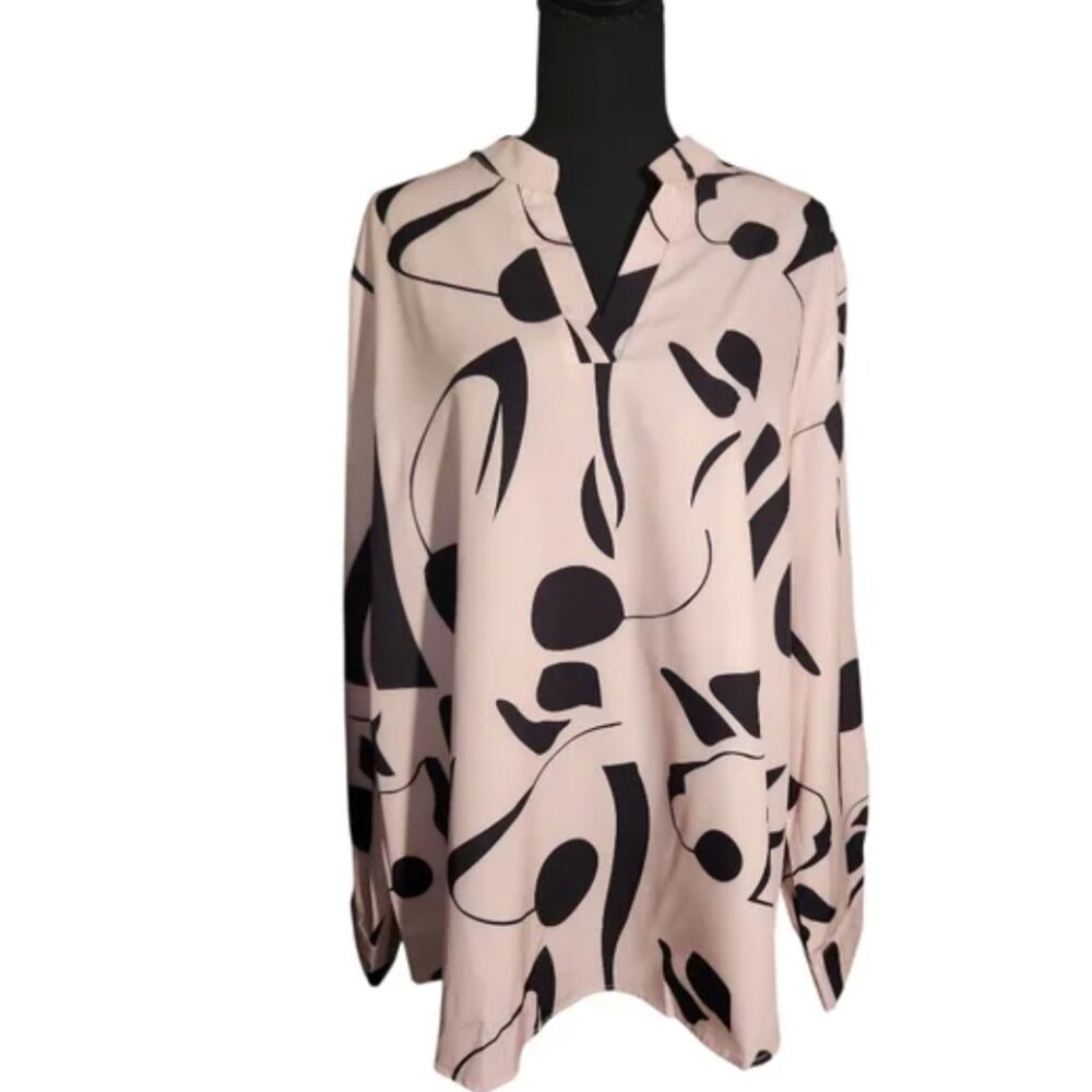 Neutral Abstract Print Women's Blouse 2XL Polyester 24" P2P NWOT Black Cream Hue